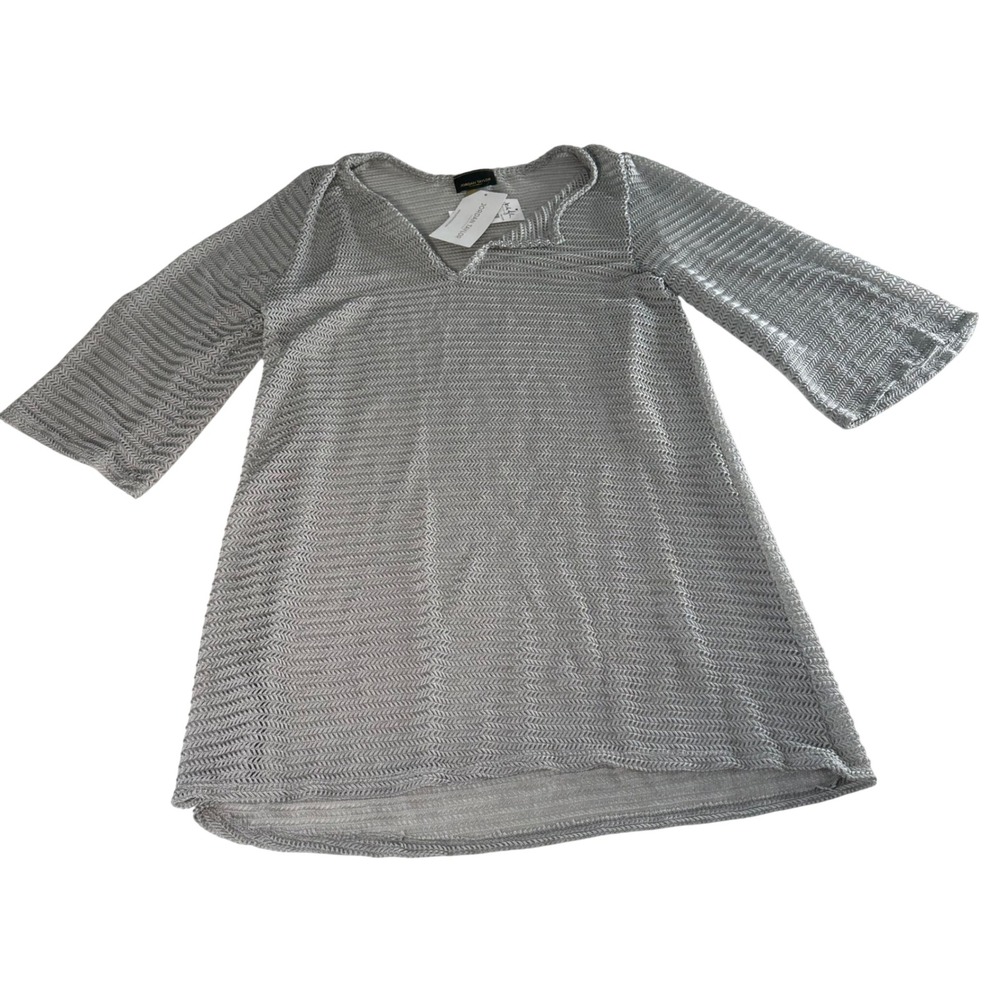 Jordan Taylor Silver Metallic Mesh Knit Tunic Cover Up V-Neck Bell Sleeve Medium